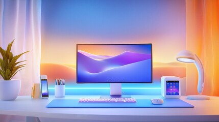 Poster - A cozy home office featuring smart lighting and a smart thermostat, showcasing an organized space enhanced by technology for improved productivity and comfort.