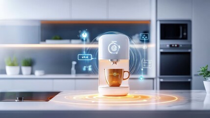 Poster - A stylish kitchen featuring smart appliances like a smart fridge and an automated coffee maker, highlighting the convenience of a connected home environment.