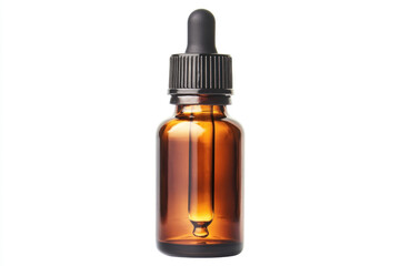 Brown glass dropper bottle with a black cap on a white background.