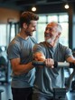 © SerPak - Two men are sharing a joyful moment at the gym during a workout. The younger man assists the older man while he uses a fitness machine. Both wear matching gray shirts and smile at each other, enjoying