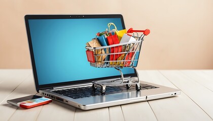 Shopping cart with laptop for online shopping, business concept. Suitable for marketing or business purposes. Panoramic banner with place for text