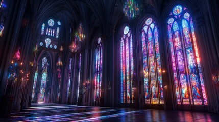 Poster - The towering interior of a Gothic cathedral, with vibrant stained glass casting colored light.