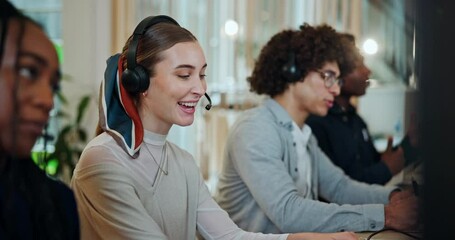 Poster - Woman, teacher and happy with headset in office for ESL, laugh and online course at education agency. Person, smile and call center with mic, voip and virtual classroom for language at night at job
