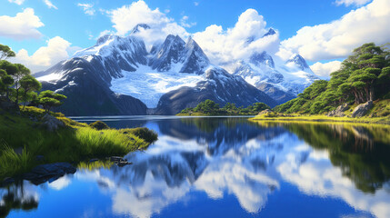 Snow-capped mountains perfectly reflected in the still water of a glacial lake.