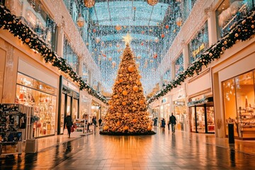 christmas tree illuminating shopping mall during holiday season