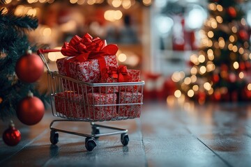 Wall Mural - shopping cart full of christmas gifts stands near decorated christmas tree