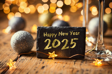 Wall Mural - happy new year 2025 - greeting card - black slate board with golden english text. christmas decorati