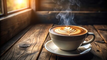 Aufkleber - A steaming cup of latte art on a rustic wooden table beside a window with a soft, warm glow.