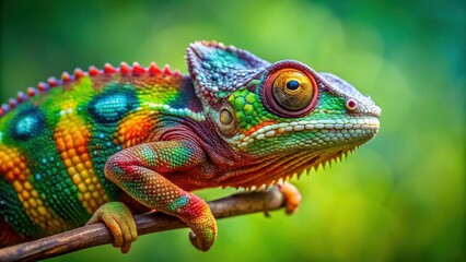 Poster - A vibrant chameleon perched on a branch, its iridescent scales shimmer with a rainbow of colors, while its large, golden eye reflects the surrounding foliage.