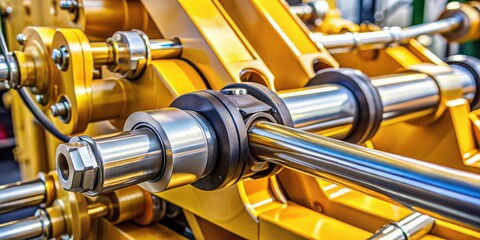 Poster - Close-up view of the intricate workings of a powerful hydraulic cylinder system, showcasing the robust construction and precise engineering of heavy machinery