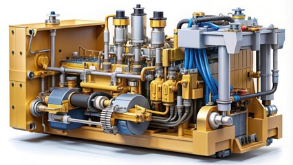 Poster - Detailed Illustration of a Complex Industrial Machinery with Interlocking Gears, Pistons, and Piping