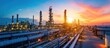 © Waraporn - Illuminated Refinery Facility at Sunset with Pipelines and Storage Tanks in an Urban Industrial Landscape