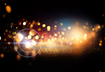 Poster - A dark background with a scattering of glowing golden bokeh lights and a lens flare in the foreground.
