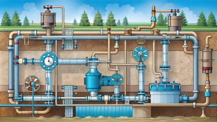 Aufkleber - Underground infrastructure showcasing a complex network of pipes, valves, and pumps designed for efficient fluid transfer and management.