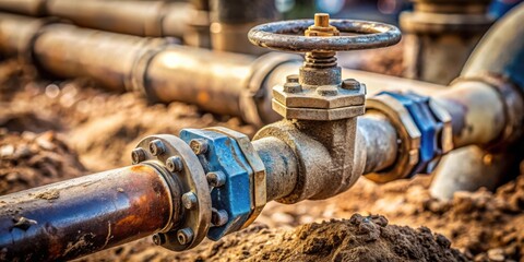 Poster - A close-up view of an industrial pipe valve, with rusty metal, a blue flange, and a worn-out wheel handle, sits in the dirt
