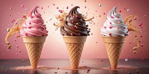 Poster - A Trio of Ice Cream Cones with Toppings Exploding in a Whirlwind of Flavor and Fun