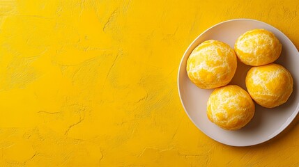 Four peeled mandarins on a white plate on a yellow background, seen from above, with copy space on the left.