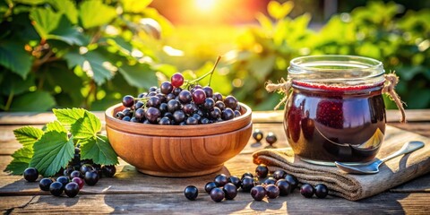 Poster - Freshly picked blackcurrants in a wooden bowl with homemade jam and a spoon on rustic wooden table with a blur of green foliage in the background