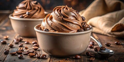 Poster - A bowl of creamy coffee ice cream with whole coffee beans scattered around on a wooden table