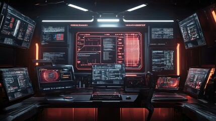 Poster - A futuristic workstation with multiple monitors displaying data and code. The red accents highlight the digital nature of the space.