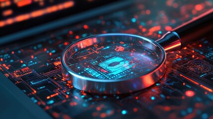 Poster - A magnifying glass rests on a circuit board with a blue and red glow, emphasizing the intricate details of the technology.