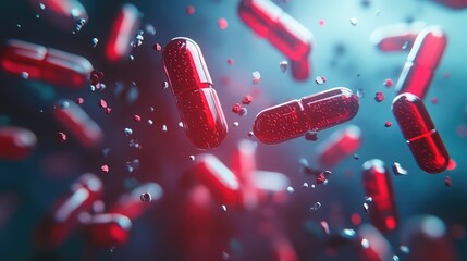Poster - Red pills float against a blue background, creating a striking visual contrast.