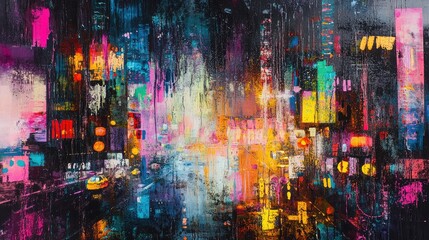 Poster - Abstract painting of a bustling city at night, with bright lights and vibrant colors.