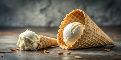 Poster - Two Creamy Ice Cream Cones With A Partial Bite Taken Out Of One On A Rustic Wooden Surface