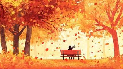 Poster - A solitary figure sits on a bench in a park, surrounded by vibrant autumn foliage. The scene is filled with warm colors, creating a tranquil and peaceful atmosphere.
