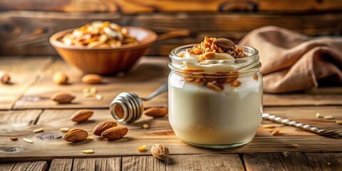 Poster - A simple and healthy dessert parfait featuring creamy yogurt layered with crunchy granola and toasted almonds, all set against a rustic wooden background.