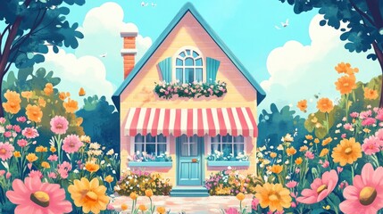 Poster - A charming yellow cottage with a striped awning sits nestled amongst a vibrant flower garden.