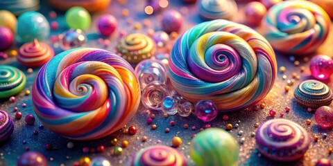 Poster - A vibrant and abstract composition of iridescent spheres and swirling candy-like objects with a sparkling backdrop