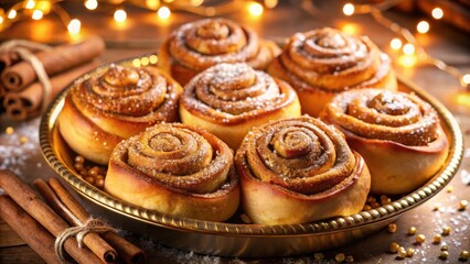 Poster - A tray of sweet cinnamon rolls, dusted with powdered sugar, nestled amidst warm, golden light