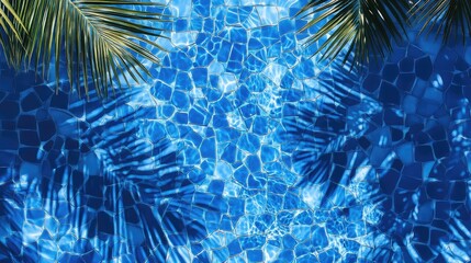 Poster - Palm tree leaves cast shadows on a sparkling blue pool, creating a cool, tropical ambiance.