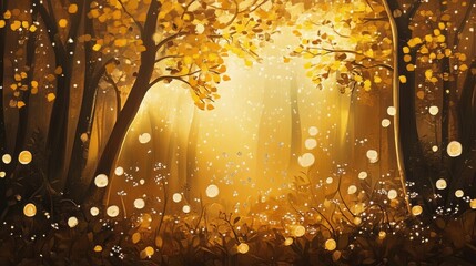 Poster - A magical forest scene with glowing orbs and golden light.