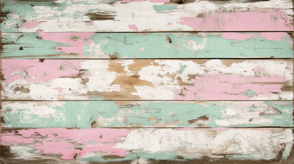 Wall Mural - A vintage, rustic wood surface with faded, peeling paint in soft, pastel colors.