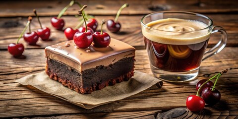 Canvas Print - A square slice of chocolate cake topped with cherries and a cup of coffee on a rustic wooden table.