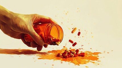 Poster - A hand spills a bottle of pills, creating a chaotic and colorful scene. The pills are scattered on a white surface, with some of them spilling out of the bottle and others in mid-air.