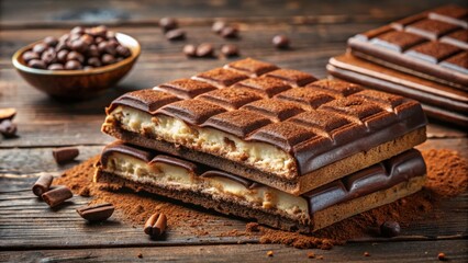 Poster - A stack of layered chocolate bars dusted with cocoa powder and scattered coffee beans on a rustic wooden background.