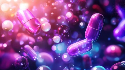 Aufkleber - Abstract close-up of pink and purple pills floating in a brightly lit and colorful background. The image captures the vibrant and bold energy of the medicine.