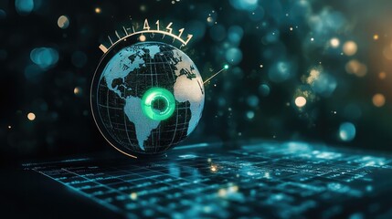 Fototapete - A 3D rendering of a globe with a green glow in the center, set against a dark blue background with a digital grid.
