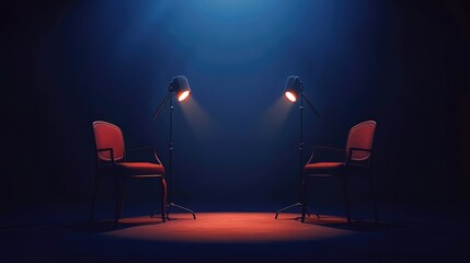 Poster - Two red chairs sit facing each other in a dimly lit room, bathed in blue and orange light, creating a mysterious and dramatic atmosphere.