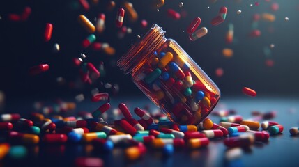 Aufkleber - A glass bottle spills colorful pills on a dark blue surface. The bottle is tipped over and pills are scattering in the air.