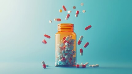 Wall Mural - A bottle of pills spills its contents onto a blue background. The white and red capsules are scattered in mid-air, creating a chaotic yet colorful image.