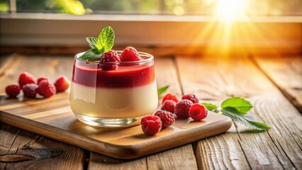 Poster - A Glass of Creamy Raspberry Dessert on a Rustic Wooden Table with Warm Natural Lighting