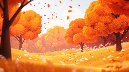 Poster - A whimsical autumn scene with vibrant orange trees and falling leaves. The warm colors and soft light create a dreamy atmosphere.