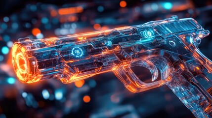 Fototapete - A futuristic, transparent handgun with glowing orange and blue accents. The gun is set against a blurry background of warm and cool colors.