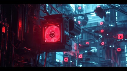 Fototapete - A futuristic cyberpunk cityscape with glowing red lights and a mechanical aesthetic.