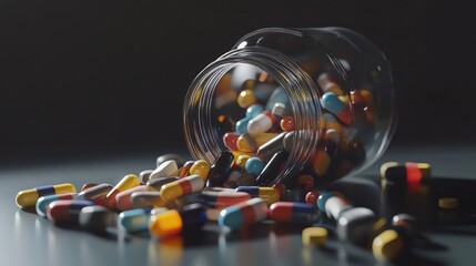Poster - A glass jar spills over with colorful pills, creating a visual representation of the complexities of medication and treatment.