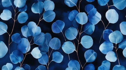Poster - Watercolor painting of blue eucalyptus leaves on a dark background.